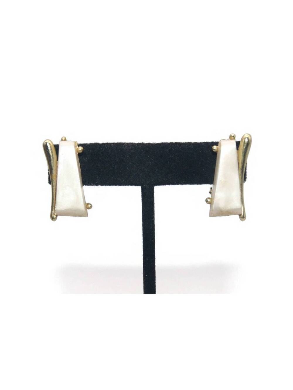 Vintage Gold Tone and White Plastic Clip on Earrings.